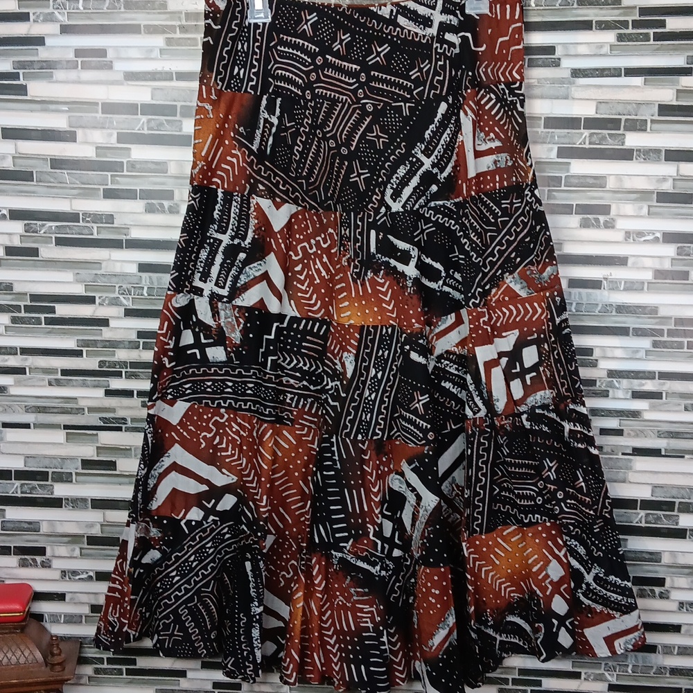 Ruby Rd. Size 8 Black & Chocolate Brown Gold Cotton Maxi Skirt Lined Geometric
